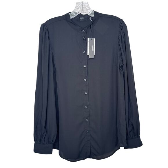 NWT T Tahari Black Button Down mandarin collar Blouse  shishop sleeves medium - Picture 1 of 13